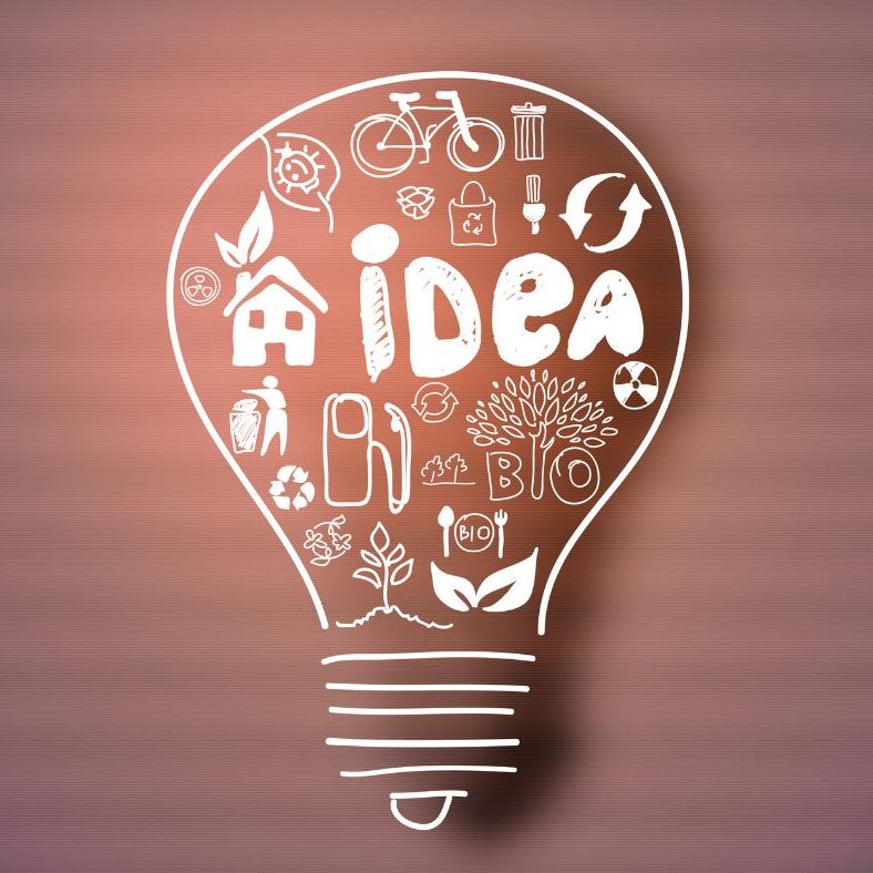 Illustrated lightbulb filled with icons representing ideas
