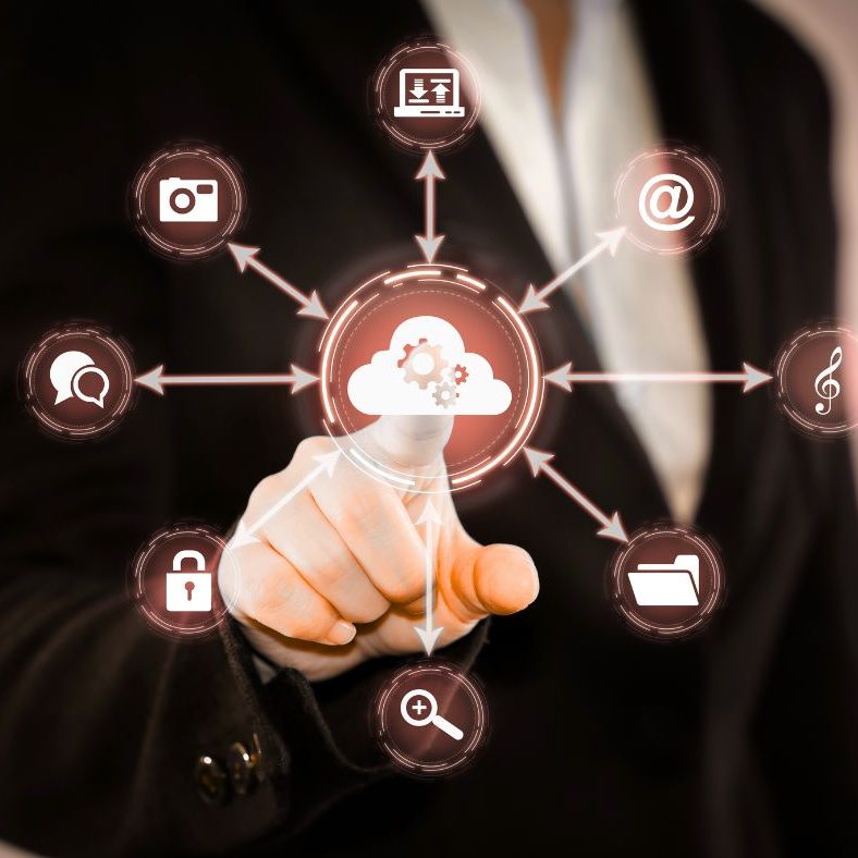 Hand touching a connected network of marketing service icons